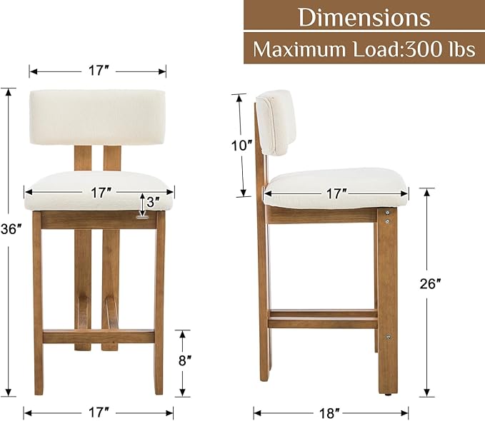 Upholstered Farmhouse Counter Height Bar Stools Set of 2 White Chenille Barstools with Back/Solid Wood Legs, Modern Bar Chairs for Kitchen Island/Home Bar/Pub, 26 Inch