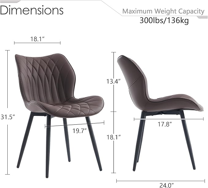 Kidol & Shellder Modern Dining Chairs Set of 2 Comfy Dining Room Chairs with Thick Cushions PU Leather Upholstered Kitchen Side Chairs with Metal Legs Brown
