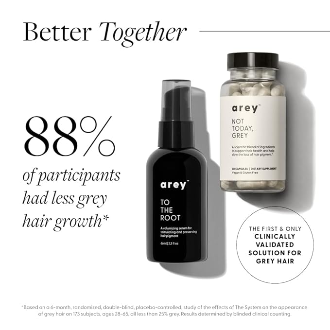 Arey The System Hair Serum and Supplements | Slows Grey Hair Growth, Promotes Healthier Hair & Repigments with Mela-9™ Complex, Antioxidants & Vitamins | Vegan, Oil-Free, Scent-Free (1 Month Supply)