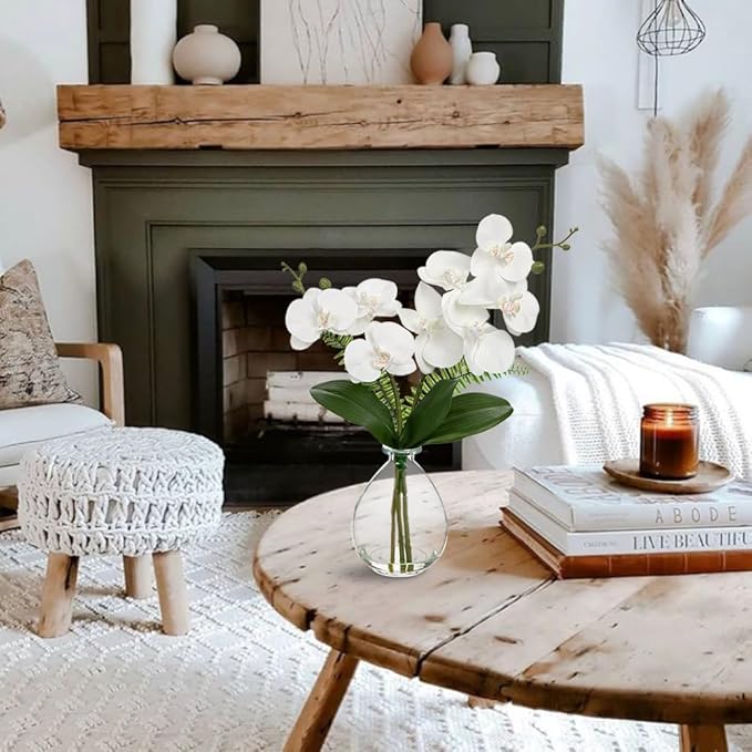 White Orchids Artificial Flowers, Faux Orchid in Glass Vase Real Touch Small Phalaenopsis Orchid Flowers Arrangements with Clear Vase Orchid Centerpiece for Dining Room Table