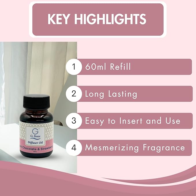 G's Breeze Dark Chocolate & Strawberry Diffuser Oil Refill - Gentle Fragrance & Soothing Aroma of Velvety Dark Chocolate with Juicy Strawberry - Long-Lasting - Ideal for Home, or Office - 60 ML