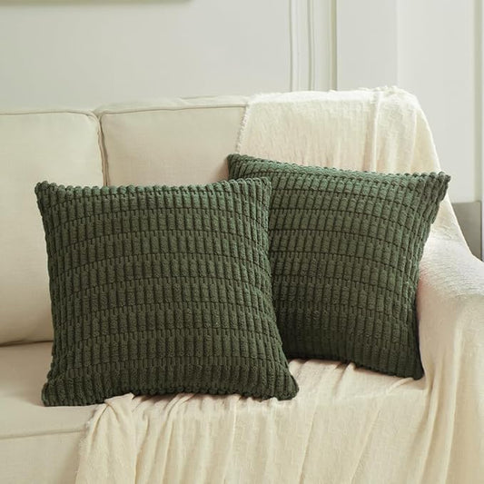 Fancy Homi 2 Packs Boho Olive Green Decorative Throw Pillow Covers 14x14 Inch for Couch Bed Sofa, Rustic Modern Farmhouse Home Decor, Soft Plush Corduroy Cute Square Cushion Case 35x35 cm