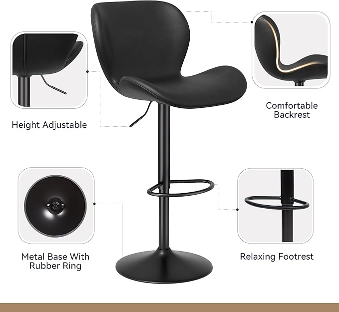 Nalupatio Swivel Bar Stools Set of 4,PU Leather Upholstered Barstools with Back & Footrest, Seat Adjustable Height 22.2-31IN Counter Height Bar Chairs for Bar Kitchen Island,Black