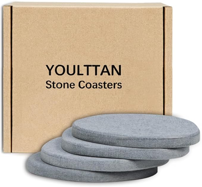 Diatomaceous Earth Coasters, 4pc Set – 3.9"x3.9", Quick-Dry, Absorbent, Heat-Resistant, Modern Stone Design, Dark Gray, Irregular Shape