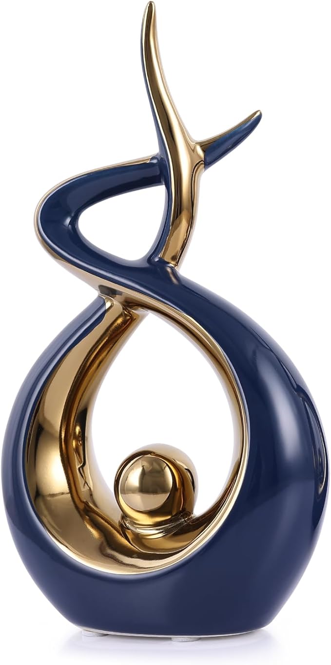 Gold Blue Modern Sculpture Table Decorations, Ceramic Knick Knacks Statues for Living Room Decor, Tv Stand and Desk Decor, Suitable for Coffee Tables and Shelf Decorations, Great Gift Idea