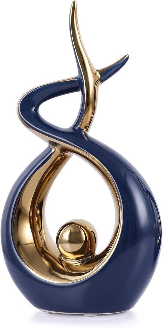 Gold Blue Modern Sculpture Table Decorations, Ceramic Knick Knacks Statues for Living Room Decor, Tv Stand and Desk Decor, Suitable for Coffee Tables and Shelf Decorations, Great Gift Idea