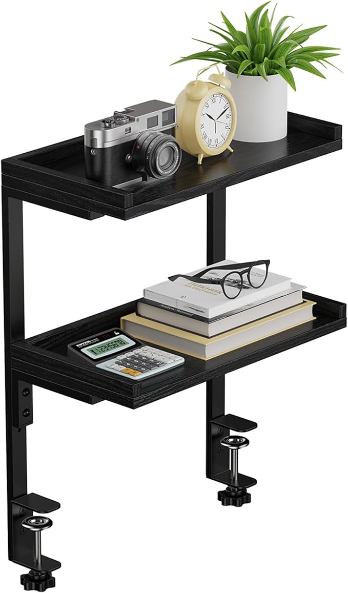 Clamp On Desk Shelf 2-Tier, 12.5 inche Wood Shelving Unit for Office Desk/Gaming Accessories, Tabletop Book Storage Rack, Shelf for Top & Under of Desk, Black