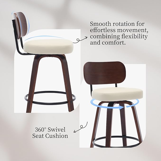 Counter Stools Set of 4, 26 inch Swivel Counter Height Bar Stools with Walnut Back,Upholstered PU Leather, Bentwood Legs, Mid Century Modern Bar Chairs for Kitchen Island, Beige