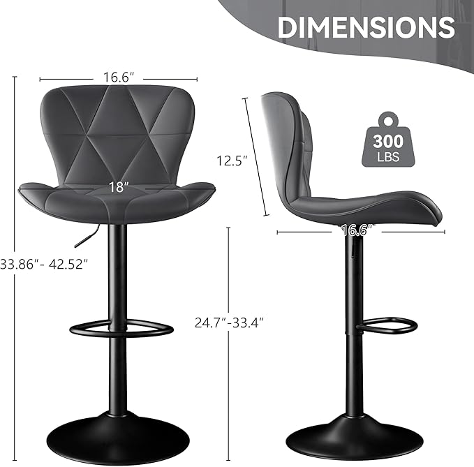 Bar Stools Set of 3,Adjustable Swivel Barstools, Faux Leather Bar Chairs,Upholstered Counter Height with High Backrest for Kitchen Island, Dark Grey