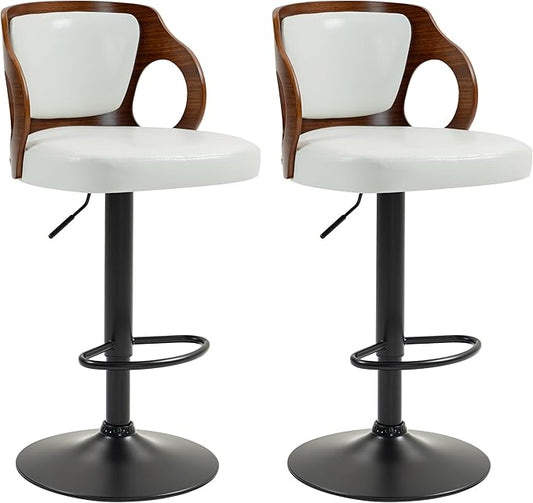 ECOTOUGE Swivel Bar Stools Set of 2, Height Adjustable Bentwood Island Stools, Modern Counter Height Bar Stools, Faux Leather Counter Stools with Back & Footrest, White