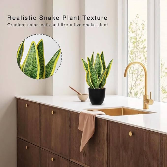 Hollyone Artificial Snake Plant Potted Faux Sansevieria Trifasciata Plants, 13" Tropical Fake Snake Plants in Black Pots for Home Office Room Indoor Decor Housewarming Gifts