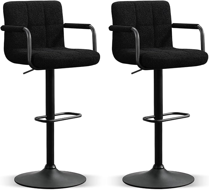 Furniliving Adjustable Bar Stools with Armrest, Square Back Sherpa Fabric Hydraulic Kitchen Counter Bar Stool, Luxurious Swivel Double Stitching Bar Chairs,Set of 2
