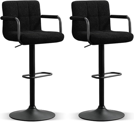 Furniliving Adjustable Bar Stools with Armrest, Square Back Sherpa Fabric Hydraulic Kitchen Counter Bar Stool, Luxurious Swivel Double Stitching Bar Chairs,Set of 2