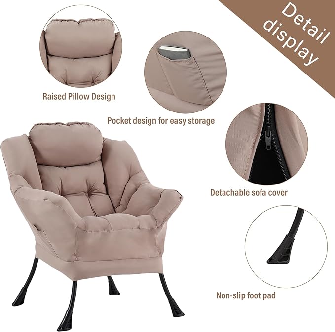 Welnow Lazy Chair for Living Room, Modern Reading Lounge Accent Chair with Armrests and a Side Pocket, Leisure Upholstered Lazy Sofa for Small Space, Bedroom, Dorm, Khaki