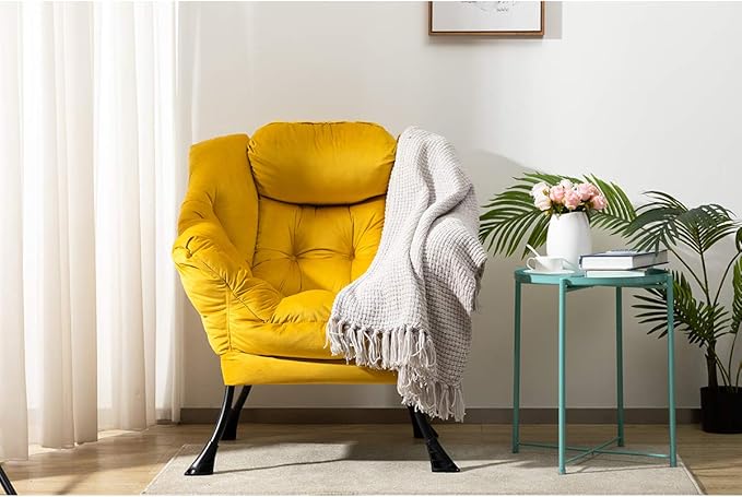 HollyHOME Modern Fabric Large Lazy Chair, Accent Oversized Comfy Reading Chair, Thick Padded Cozy Lounge Chair with Armrest, Steel Frame Leisure Sofa Chair for Living Room, Bedroom, Dorm, Yellow