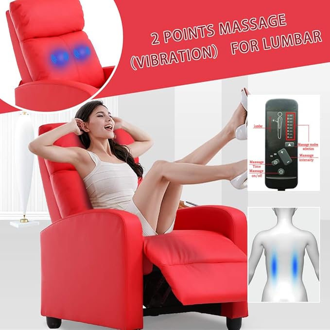 BestMassage | Recliner Chair | with 2 Point Massage Function | Pu Red | with Lumbar Support, Adjustable Push Back, Footrest & Padded Seat | Easy Assembly | for Living Room, Home Theatre