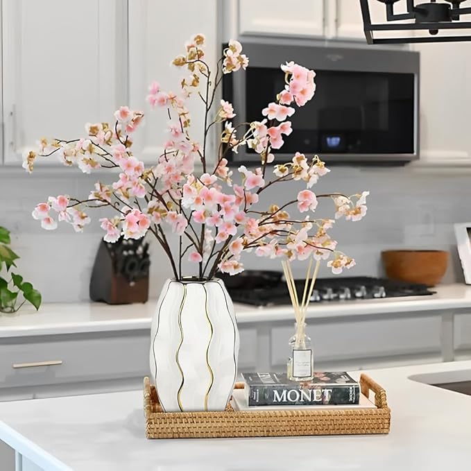 White & Gold Ceramic Flower Vase - 7.4" Modern Vertical Stripe Pottery Wave Vase | Ribbed Textured Flower Vase for Home Decor Bedroom Office Living Room Bathroom Table Centerpiece