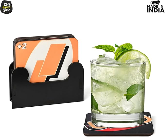 GKD Wooden Coasters for Drinks, MDF Wooden Coasters Set of 6 with Holder, 3.8 inches Eco-Friendly Absorbent Coaster for Coffee Table, Farmhouse, Office, Bar, Drinking Glasses, Tabletop Protection