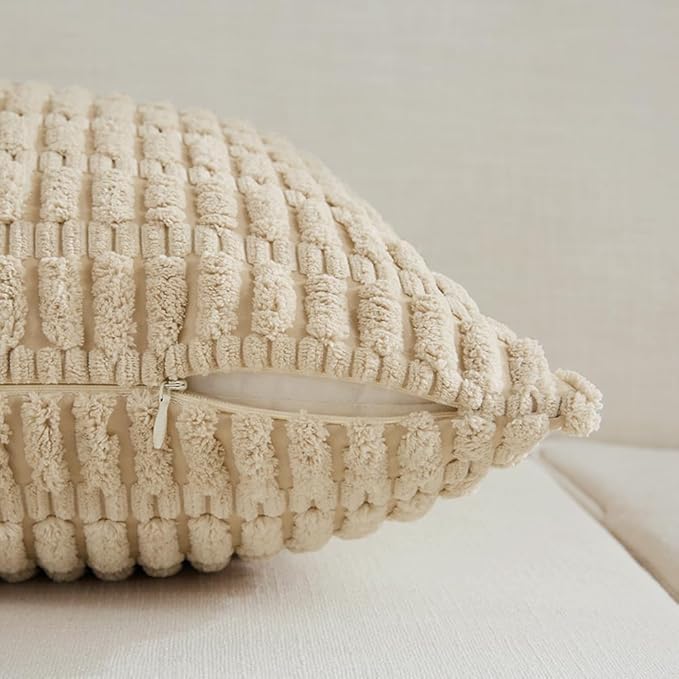 Fancy Homi 2 Packs Tan Decorative Throw Pillow Covers 26x26 Inch for Living Room Couch Bed Sofa, Rustic Farmhouse Boho Home Decor, Soft Striped Corduroy Beige Square Cushion Case 66x66 cm