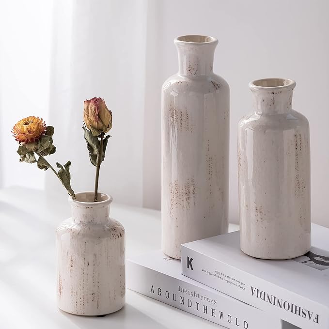 Ceramic Vase Set - 3 Small Vases,KAYLYNN Ceramic Vases for Rustic Home Decor, Living Room Decor, Table Décor, Bookshelf, Mantel Decor, Vases for Centerpieces, Vases for Flowers, Decorative