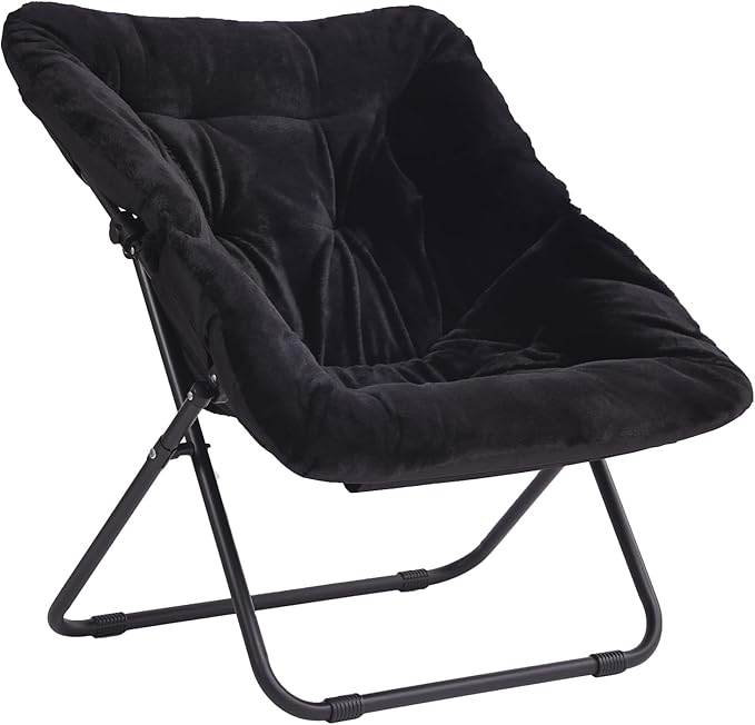 Saucer Chair, Comfy Bedroom Chairs, Oversized Folding Faux Fur Chair, Foldable Metal Frame Chair for Bedroom, Patio, Study, Playroom (Black)