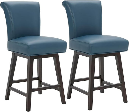 CHITA 26 Inch Counter Height Swivel Bar Stools Set of 2, FSC Certified Modern Upholstered Faux Leather Swivel Barstool Chair with Back, Blue