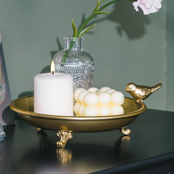 NIKKY HOME Gold Decorative Iron Plate Candle Holders with Bird, Vintage Pillar Candlestick Stand Base Tray for LED & Wax Candles, Incense Cones, Spa, Weddings