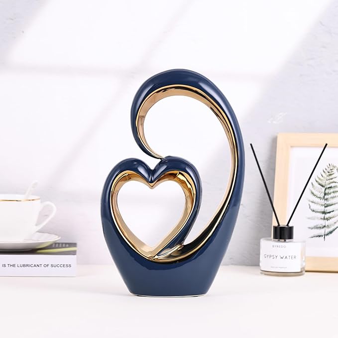 Ceramic Heart Decor Love Statue, Navy Blue Gold Double Hearts Sculptures for Home Table Centerpiece Decor, Valentine, Wedding, Decorative Items for Shelves, Coffee Table Decor (S Heart -Tall)