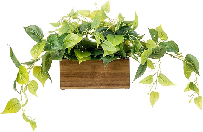 MyGift Vibrant Lifelike Artificial Plant Pothos Leafy Vine Greenery in Natural Solid Acacia Wood Rectangular Planter Box