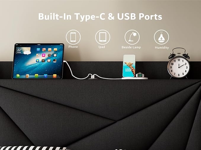 iPormis Twin Size Bed Frame with Charging Station, Linen Platform Bed Frame with Wingback Headboard Upholstered Bedframe, Solid Wood Slats Support, No Box Spring Needed, Easy Assembly, Black