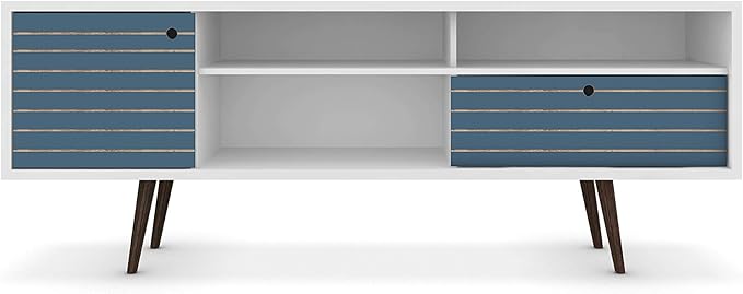 Manhattan Comfort Liberty Mid Century Modern TV Stand for Televisions up to 65 Inches, Bedroom and Living Room Entertainment Center with Storage, Shelves, and Cabinet, 71" Wide, White/Aqua