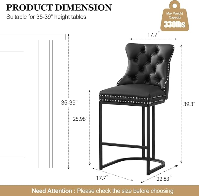 UVV Counter Height Bar Stools Set of 1, 26" Modern Barstools with Back, Faux Leather Upholstery Counter Chairs with Metal Legs for Kitchen Island, Bar, Counter, Black