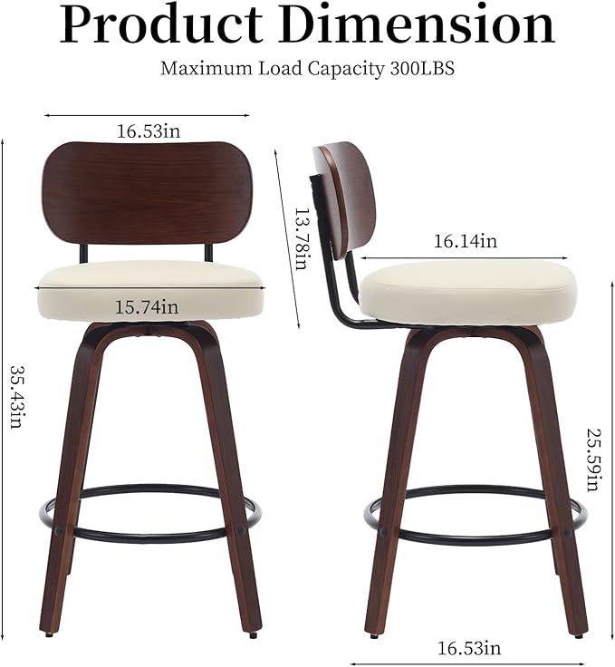 Counter Stools Set of 2, 26 inch Swivel Counter Height Bar Stools with Walnut Back,Upholstered PU Leather, Bentwood Legs, Mid Century Modern Bar Chairs for Kitchen Island, Beige