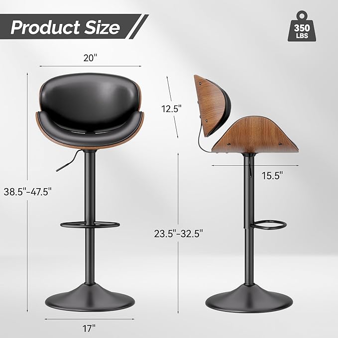 Swivel Bar Stools Set of 2, Seat Adjustable Height 23.5-32.5IN Bentwood Barstools with Back & Footrest, PU Leather Upholstered Counter Height Bar Chairs for Bar Kitchen Dining Room, Black