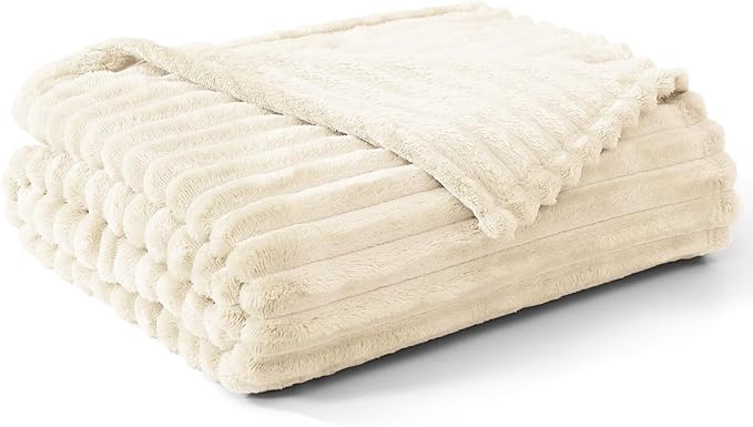 Geniospin Fleece Throw Blanket, 280GSM Extra Soft Lightweight Blanket with Strip, Plush Fuzzy Cozy Blankets and Throws for Couch, Bed, Sofa Cozy, Warm and Breathable (Ivory, 50x60 inches)