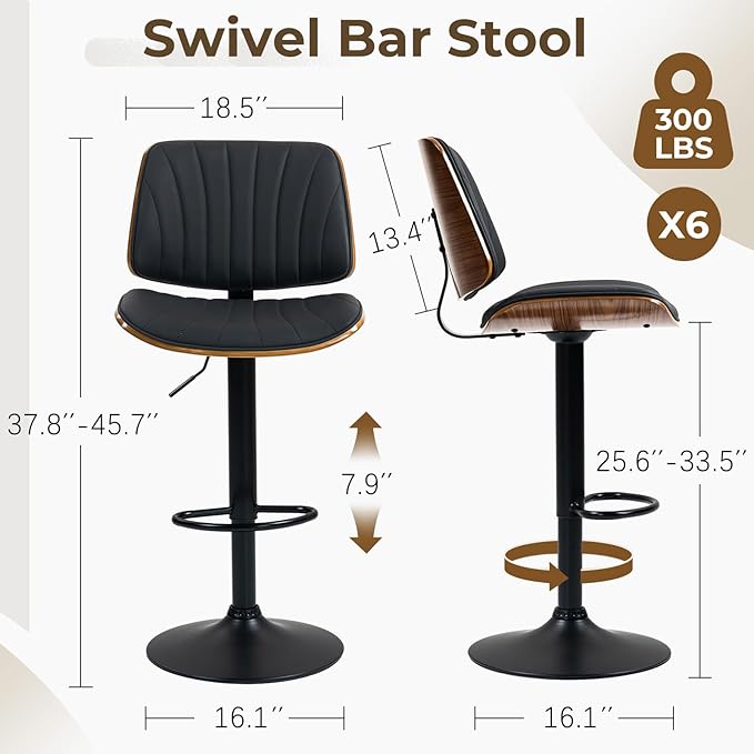 ECOTOUGE Bar Stools Set of 6, Adjustable Bentwood Barstools, Modern Swivel Bar Height Chairs with Back and Footrest for Kitchen Island, Counter, Dining Room(Black)