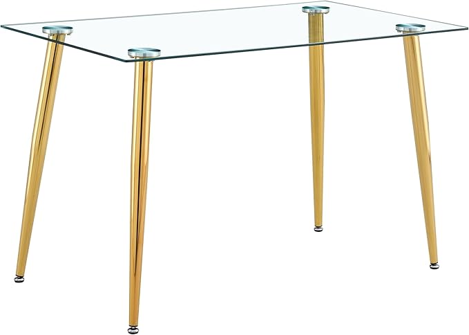 Dining Table for 6 Kitchen Table 47.2" Rectangular Modern Glass Dining Table Kitchen & Dining Room Tables with Glass Tabletop and Metal Legs for Dining Room and Kitchen, Champagne