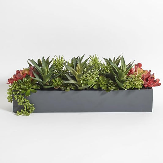 CG Hunter Oblong Faux Succulent Arrangement, Premium Artificial Indoor Plant Enhances Interior Design, Display on any Surface in Your Home Adding an Inviting Touch of Nature, Grey Planter Pot Included