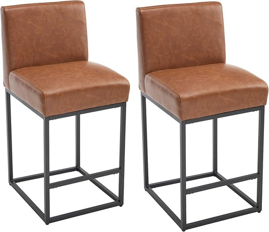 VESCASA Faux Leather 27 inches Counter Height Bar Stools with Padded Back, Modern Upholstered Counter Stool Chairs with Black Metal Frame for Kitchen Island, Set of 2, Brown