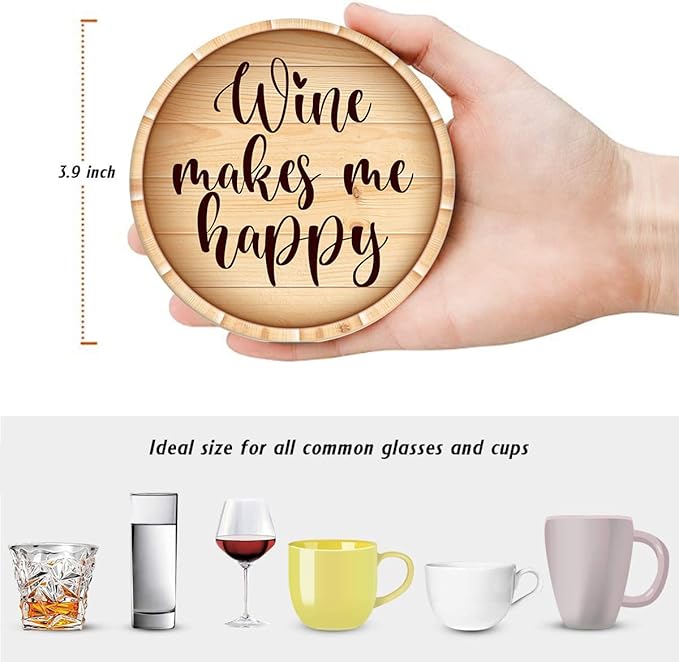 Britimes Coaster for Drinks Set of 6, Wine Stamp Wooden Wood Bottle Absorbent Round Ceramic Stone Mat, with Cork Base and Metal Holder, Gift for Housewarming Room Bar Decor