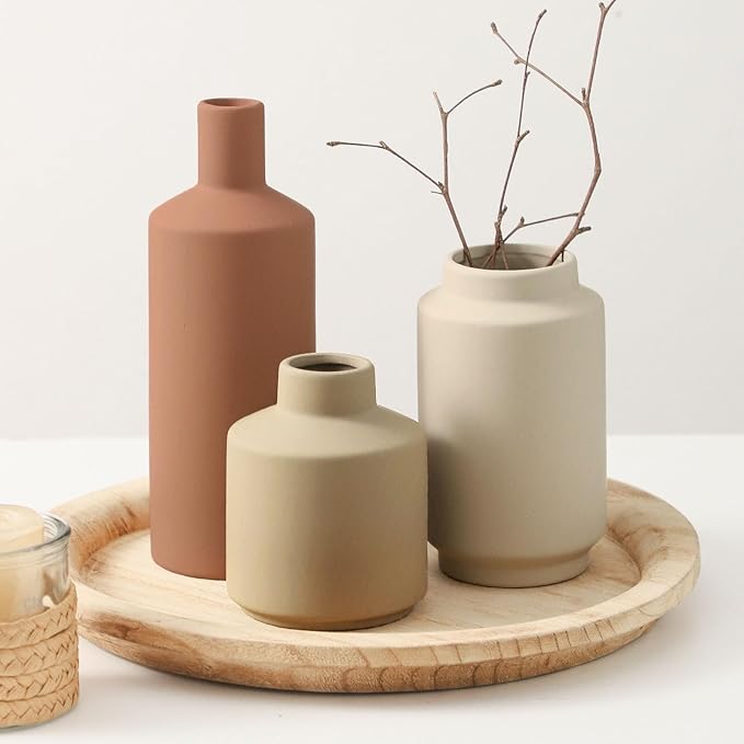 Ceramic Vase Set of 3, Modern Decorative Vases for Home Decor, Small Flower Pottery Vase Sets, Boho Farmhouse Rustic Vases for Living Room, Kitchen, Bedroom, Bathroom, Shelf, Table