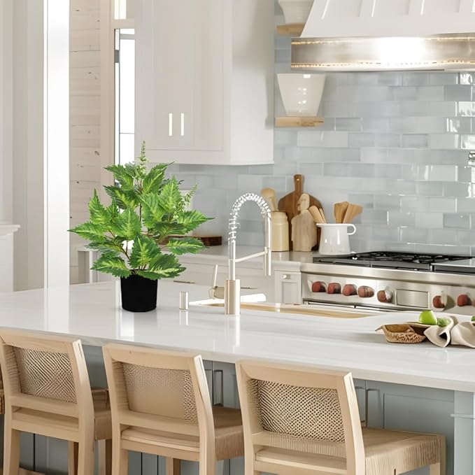 Artificial Plants Indoor with Pot 16.9" Faux Potted Perilla Plants Indoor Decorative Silk Greenery in Black Pot for Farmhouse Home Bathroom Living Room Office Table Shelf Decor