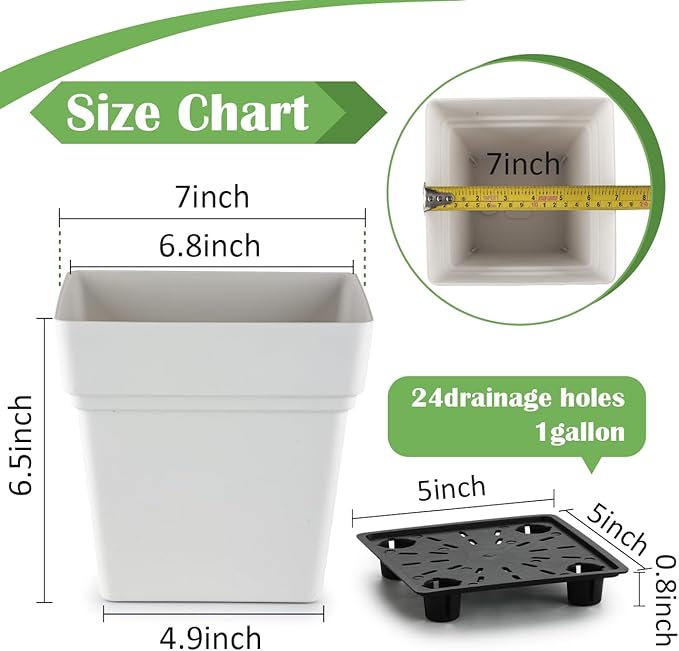 6-Pack 7'' Square Planters with Built-in Drainage Tray – Heavy-Duty Plastic Pots with Drainage Holes and Bottom Stopper, BPA-Free White Matte Planter Stackable for Indoor Plants, Herbs, Flowers