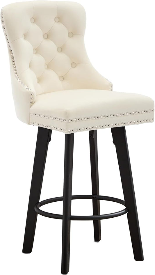 YISHENG Modern Swivel 27" H Seat Velvet Barstools with Backrest and Footrest,Button Tufted Rivet Trim Dining Room Chairs with Metal Pull Ring for Kitchen Island，Bistro, Home Bar，Cream 1PC