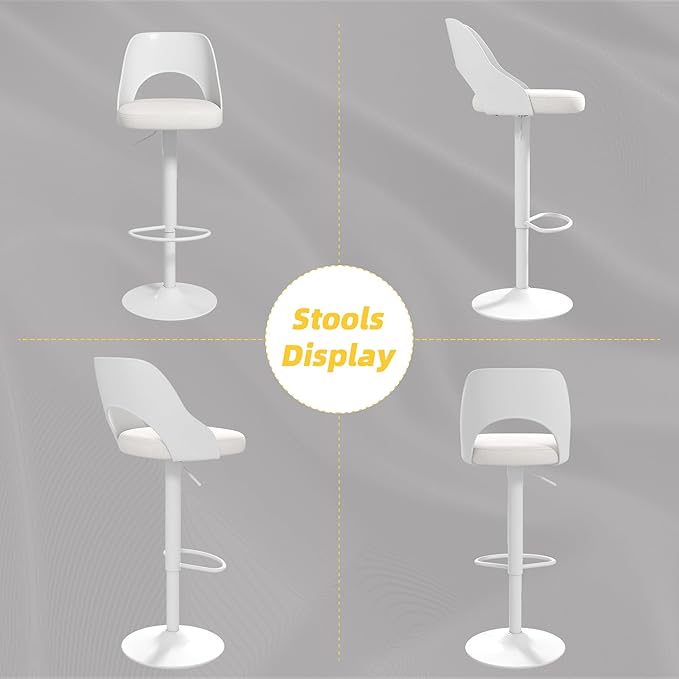 civama Bar Stools Set of 2 for Kitchen Counter, Seat Height Adjustable 25''-33'', Modern Upholstered Swivel Island Chairs with Hollow Backrest Metal Base, White