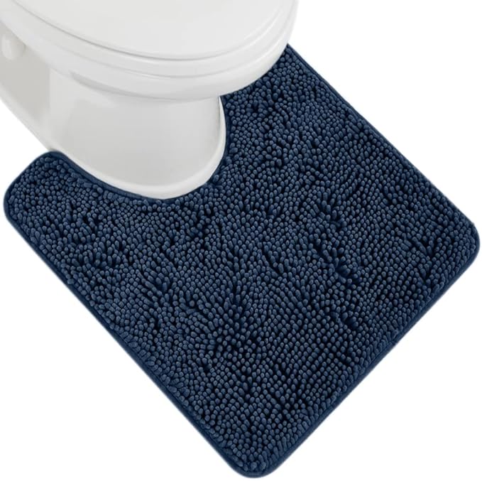 GORILLA GRIP Plush Absorbent Shaggy Chenille Bath Rug Mat for Oval Toilet Base with Rubber Backing, Machine Washable Rugs, Soft Microfiber Contour Mats for Toilets, Bathroom Decor, Navy Blu