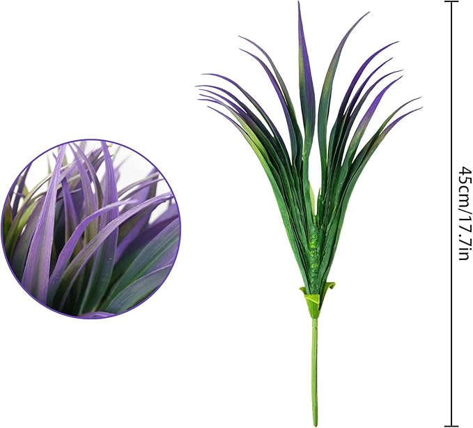 8Pcs Artificial Grass Plant Fake Outdoor Plastic Plants UV Resistant Faux Grasses Greenery Shrubs for Window Box Garden Patio Porch Home Decor Light Purple