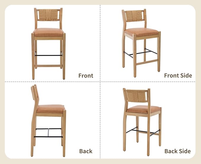 CIMOTA Rattan Counter Height Bar Stools Set of 2, 26" Farmhouse Barstools with Woven Backs, Boho Wood Bar Chairs Leather Upholstered Counter Stools for Kitchen Island/Counter/Bar, PU Brown