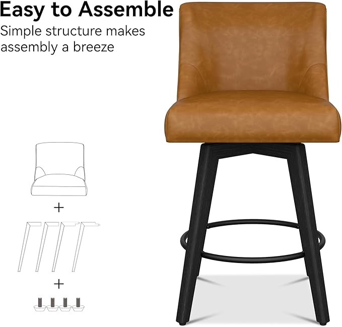 Counter Height Bar Stools Set of 8, Modern Swivel Barstools with Back and Wood Legs, Faux Leather Upholstered Bar Chairs, 26" H Kitchen Counter Stools, Kitchen Island Home Bar, Whisky Brown
