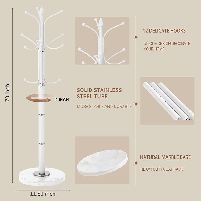 Modern Metal Coat Rack Stand, Coat Rack Freestanding with Natural Marble Base, Sturdy Heavy Duty Coat Racks with 12 Hooks, Coat Hall Tree Stand for Entryway, Office (12 HOOKS-White)